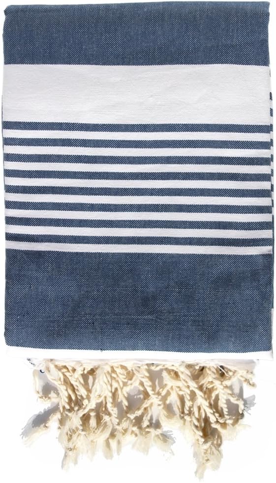 Extra Large Cotton Beach Blanket (180x240cm) - Hammam Towel XXL - Navy/White