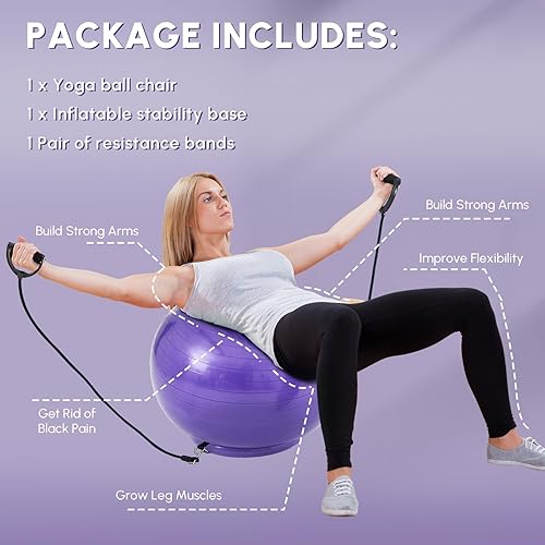 Miniatura 3 de Silla de pelota de yoga con base de estabilidad inflable, bandas de resistencia, pelota de estabilidad de 25.6 in, pelota de ejercicio grande para
