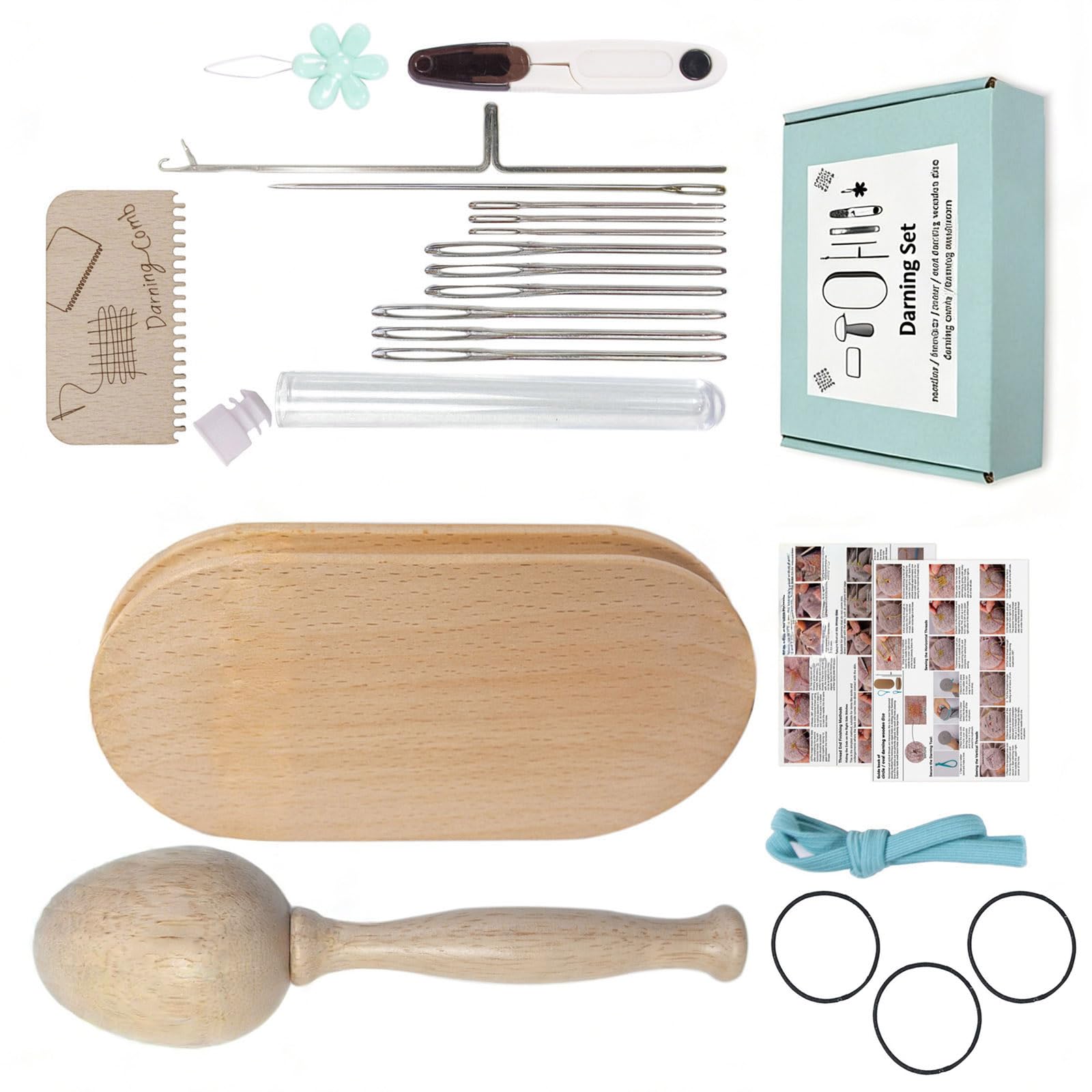 Multipurpose Mending Tool Set Elliptical Wooden Darning Tool with Large Eye Needle for Socks Sweaters Scarves Clothing Stainless Steel Repair
