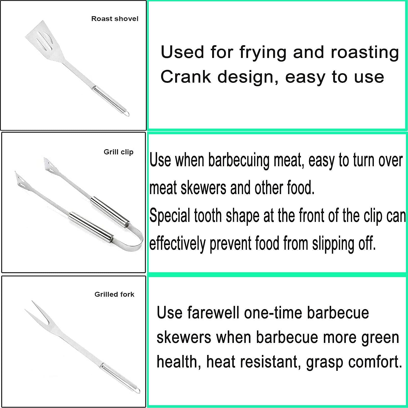 Juego de herramientas para barbacoa de acero inoxidable resistente, 3 piezas, juego de pinzas para barbacoa (espátula, tenedor, pinza) con estuche de almacenamiento portátil duradero, utensilios princ