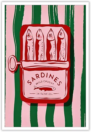 Miniatura 11 de Lienzo de sardinas divertidas para pared, póster vintage de lata de sardina, comida retro, peces, vida marina, estética, acuarela, pintura para el