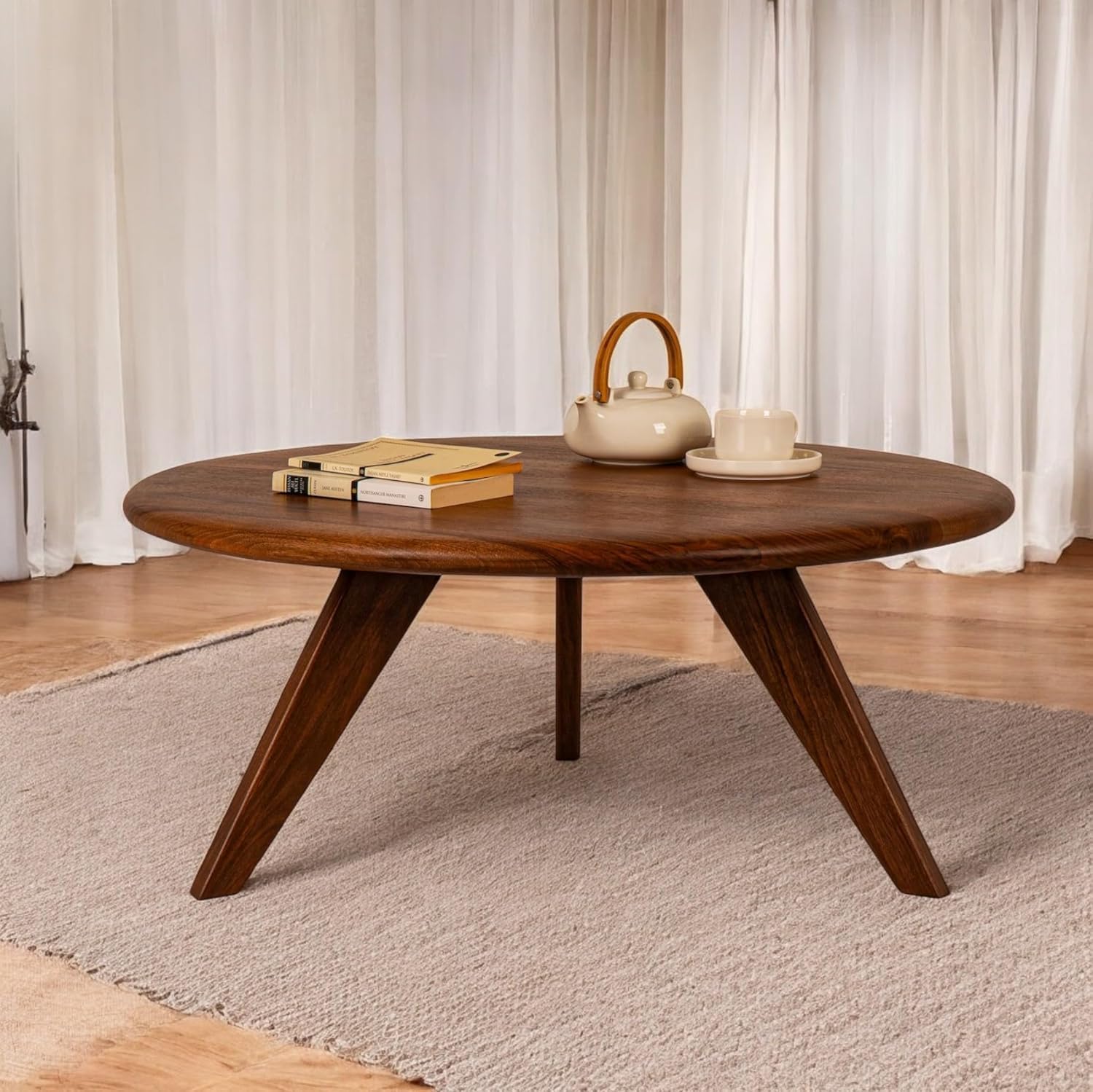 Flexhome Solid Sheesham Wood Round Coffee Table for Living Room Furniture | Wooden Sofa Centre Table | Teapoy Tea Table | Central Coffee Table for Drawing Room, Bedroom and Office Home Decor-image-38
