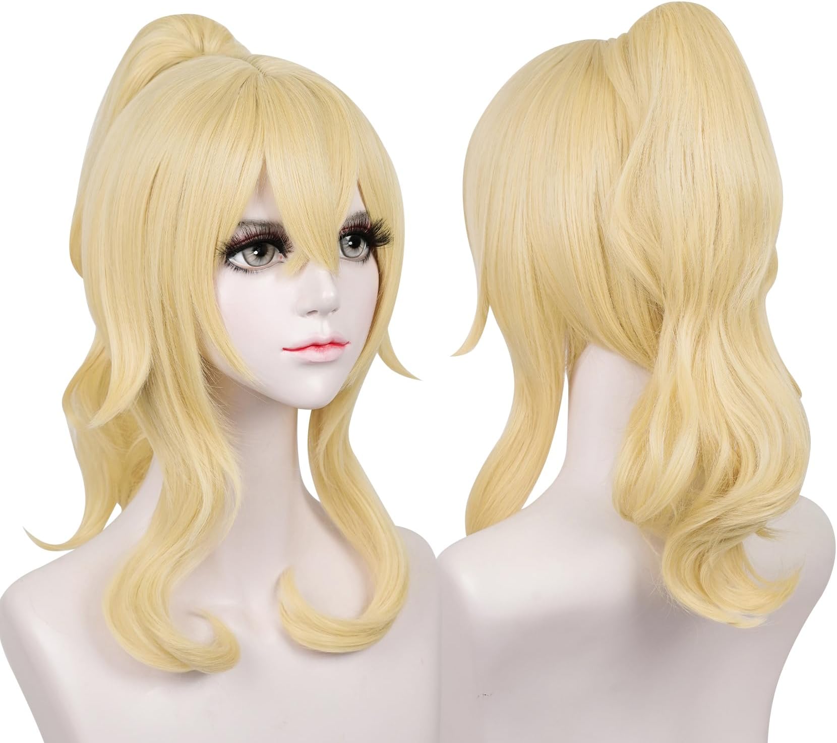 LABEAUTÉ Blonde Ponytail Cosplay Wig for Jean, Golden Princess Wavy Hair with Pigtails Bangs + Wig Cap for Halloween Peach Costume