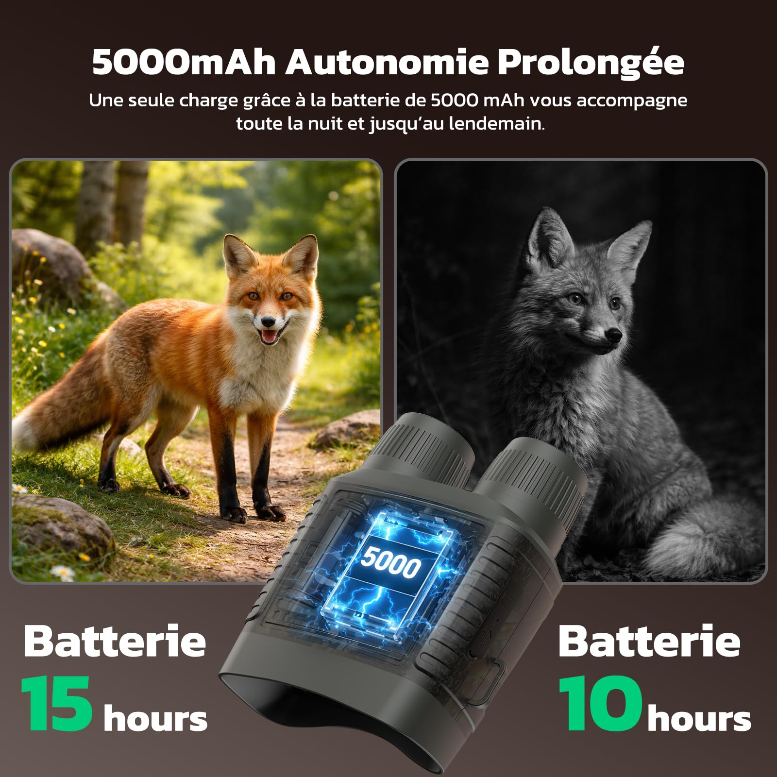 Jumelles Vision Nocturne 4K 48MP avec Zoom 10x, Batterie 5000mAh Rechargeable, Portée 400m, pour Chasse, Observation Animale, Camping et Sécurité