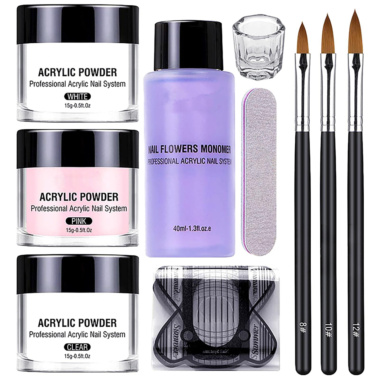 Set di polvere acrilica e liquido, 3 colori, pennello per nail art, forme, tazza di vetro, lima, kit di estensione per unghie per principianti – extension gel rapide