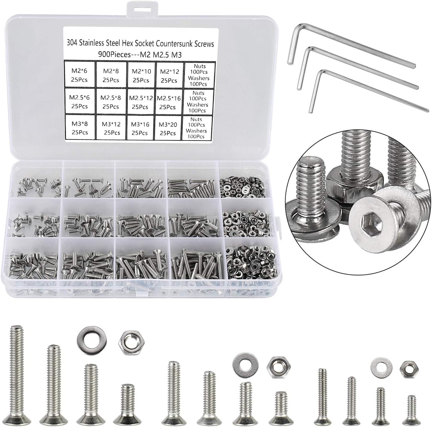 900PCS Countersunk Head Screws Assortment Kit, M2 M2.5 M3 Bolts and Nuts Washers Set, Phillips Drive Flat Head Machine Screws, 304 Stainless Steel, Small Bolts Fully Threaded with Storage Box.