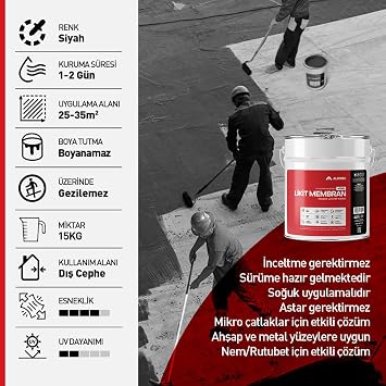 Süper Likit Membran Kauçuk ve Elyaf Katkılı Sıvı Su Yalıtım Malzemesi (15, Kilogram)