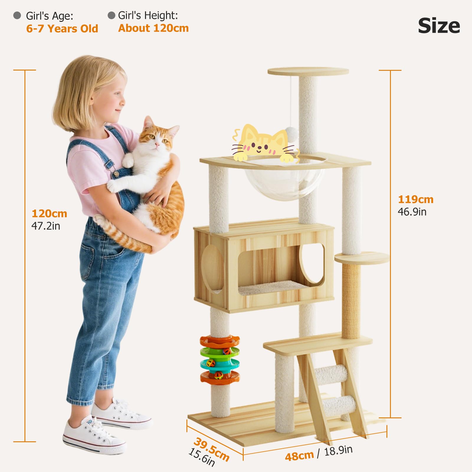 PETCUTE Torre per Gatti in Legno,Grande,Più Gatti,119cm Tiragraffi per Gatti Stabile con Capsula Spaziale Trasparente,Piattaforma di Osservazione, Parco Giochi,Scala,Grotta,Facile da Pulire