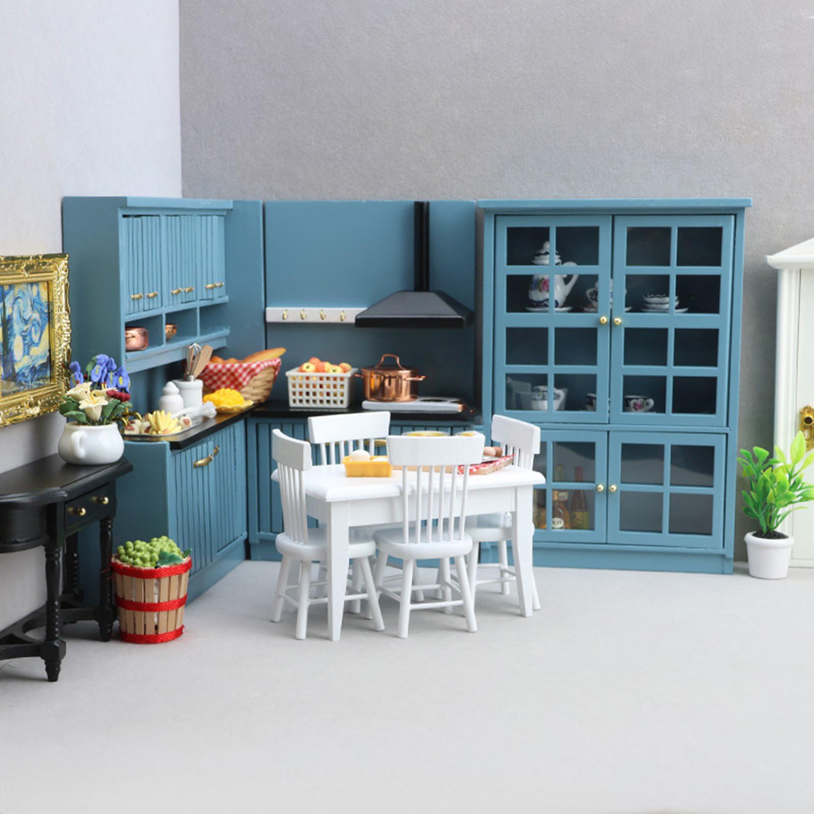 Set da cucina contemporanea per bambole, 8 pezzi, mobili compatti in legno, con tavolo e sgabelli, set da cucina per casa