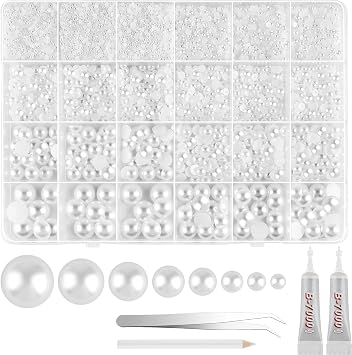 NEBURORA 13000 Pcs White Flat Back Pearl Kit 8 Sizes with Tweezer and Picker Pencil Flatback Pearl Beads Half Round Pearls for Crafting DIY Crafts Nails Makeup Shoes Phone Case