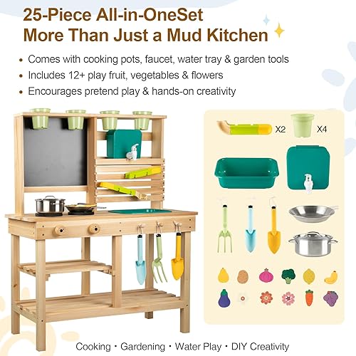Miniatura 3 de Construcción de ensueño Cocina de barro para niños al aire libre, juego de cocina de madera para niños pequeños con fregadero, utensilios de cocina,