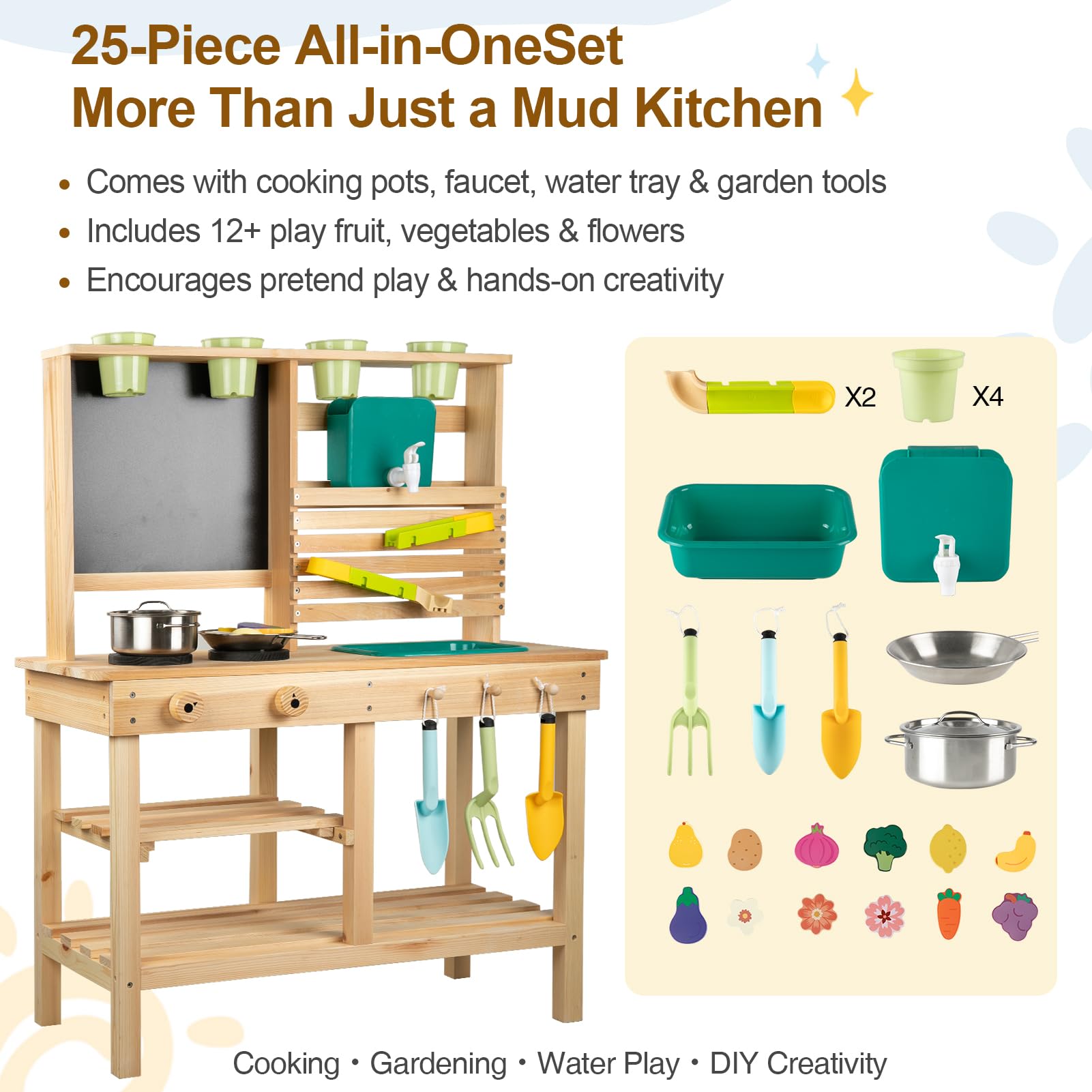 [Construcción de ensueño] Cocina de barro para niños al aire libre, juego de cocina de madera para niños pequeños con fregadero, utensilios de cocina, estufa, pizarra, grifo y estantes de 3