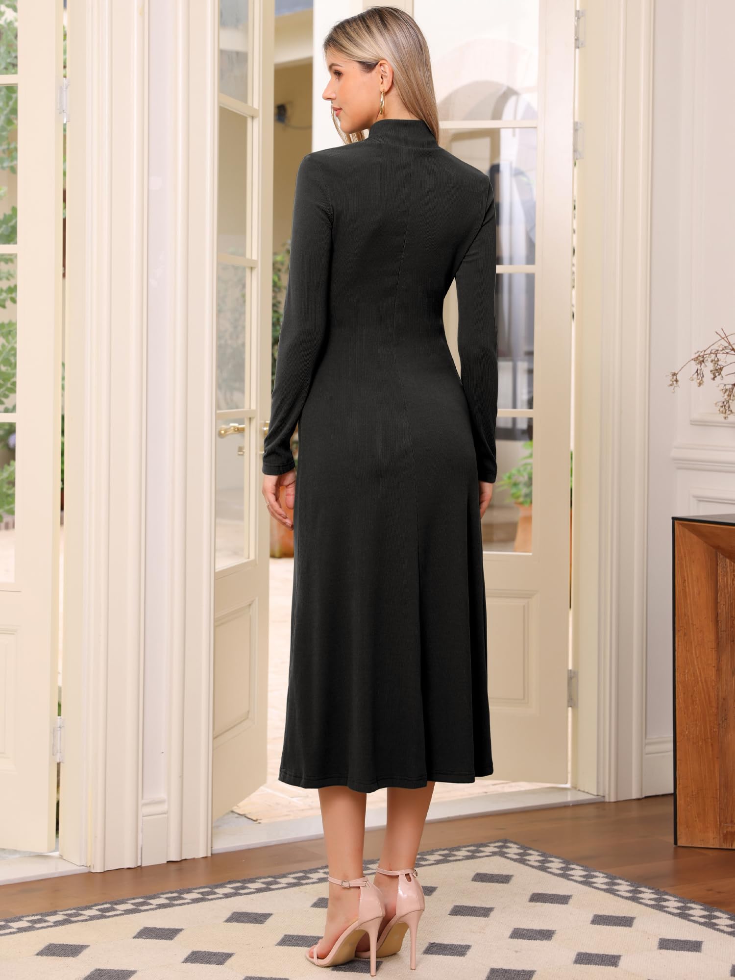 Allegra K Robe longue pull pour femme, col roulé décontracté, basique, manches longues, extensible, fluide, en tricot côtelé