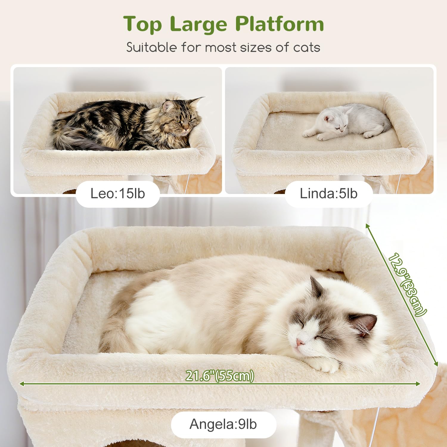 Globlazer Arbre à Chat Beige XXL Hauteur 204 cm avec 3 Niches, 2 Grande Plateforme, 3 Doux Paniers, Arbre a Chat Stable pour Gros Chats Adulte Grimpent Reposent Jeu Escalade Intérieur (F80F, Beige)