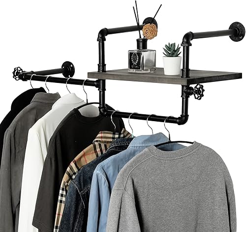 MyGift Sistema de organización industrial para colgar en el armario, estante de barra de ropa de tubo de metal negro montado en la pared con estante