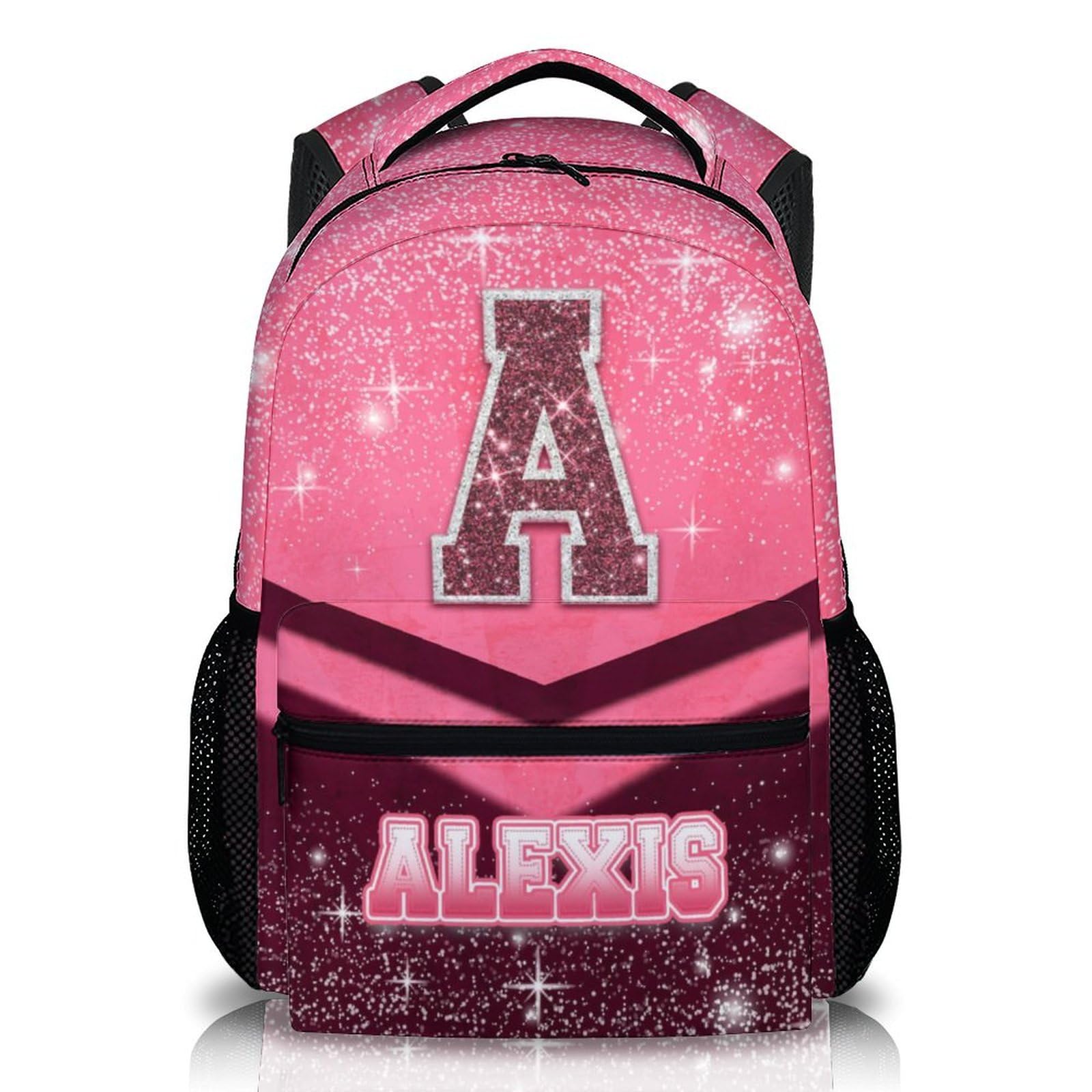 Cheerleading Backpack for Kids Kindergarten Elementary Primary, Custom Cheer Glitter Initial Name Schoolbag for Girls Boys, 17 Inch Lightweight