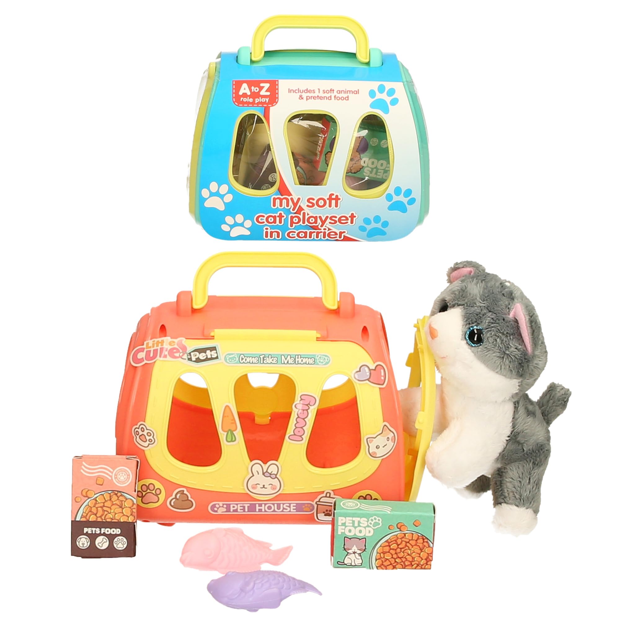 Pet Play Set with Plush Cat, Carrier House and Pretend Food Accessories, Kids Role Play Toy