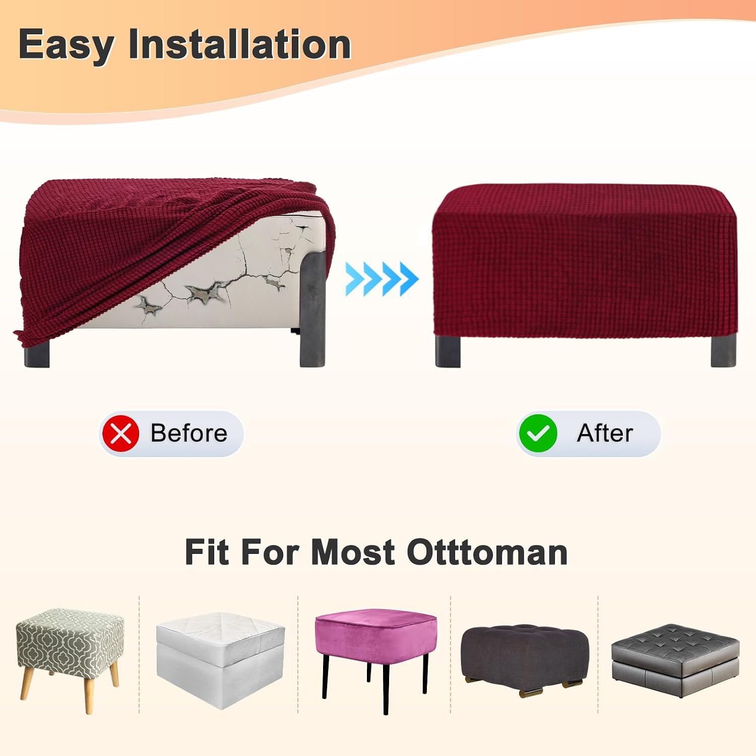 M METERXITY Stretch Square Ottoman Cover, 31 x 31 x 15 Inch Fabric Ottoman Slipcovers Footstool Protector with Elastic Bottom for Folding Storage Furniture/Living Room/Entrance Hall [Wine]