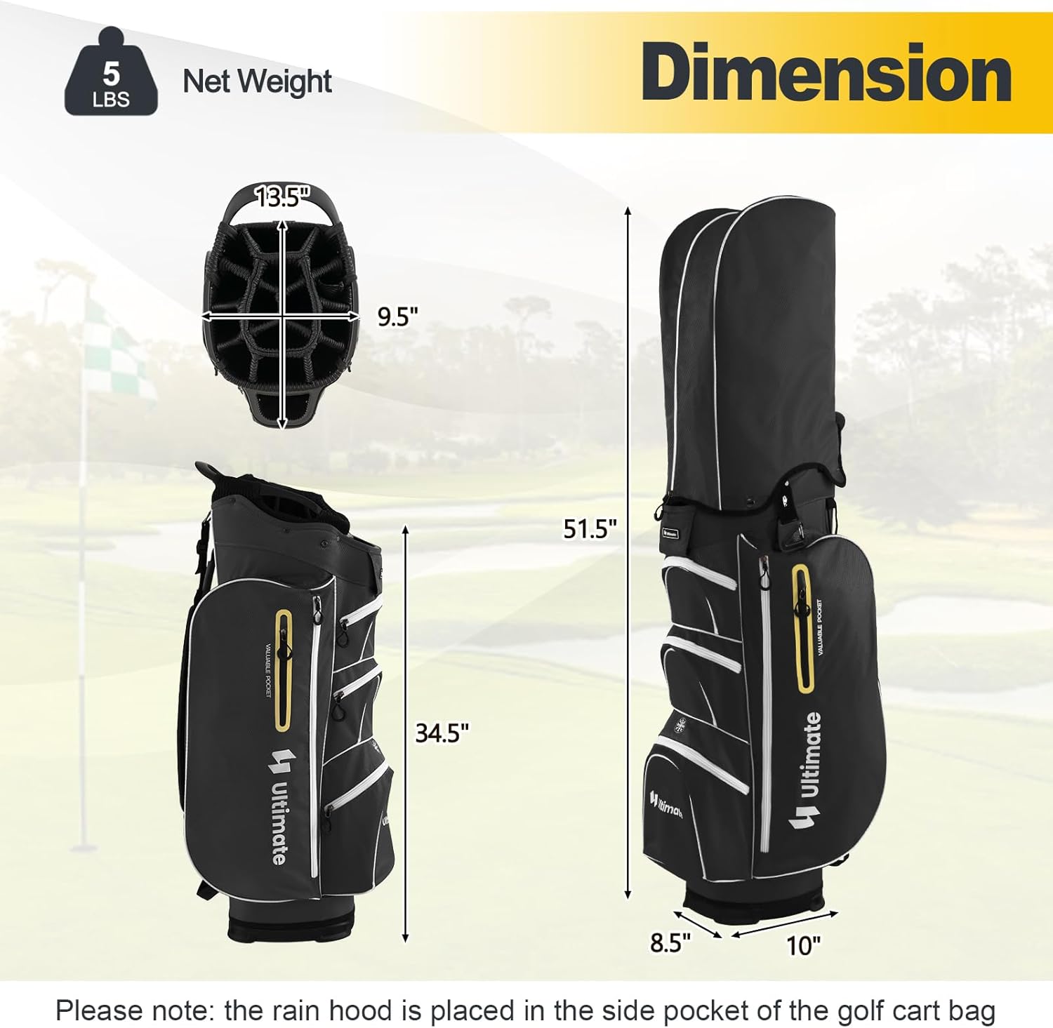 GYMAX Golf Cart Bag, 15-Way Divider with 7 Pockets, Rain Hood, Umbrella Holder & Gloves Stickers, Unisex Adults Golf Clubs Bag