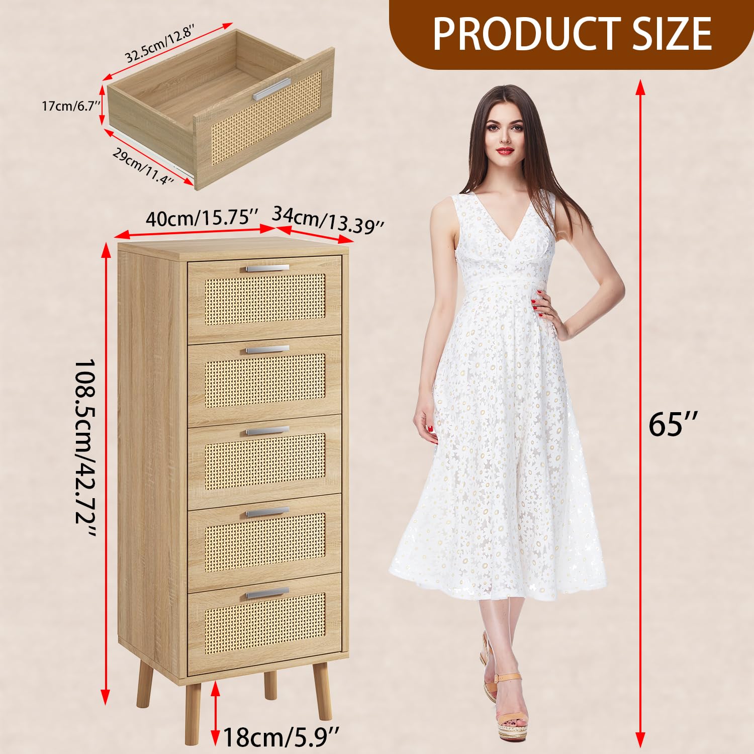 IBUYKE Rotin Commode avec 5 Tiroirs,Pieds en Bois,Natur WST010N | Meuble de Rangement, Décorations en Rotin,40 x 34 x 108 CM,pour Coucher, Salon, Entrée,Chambre d'enfant