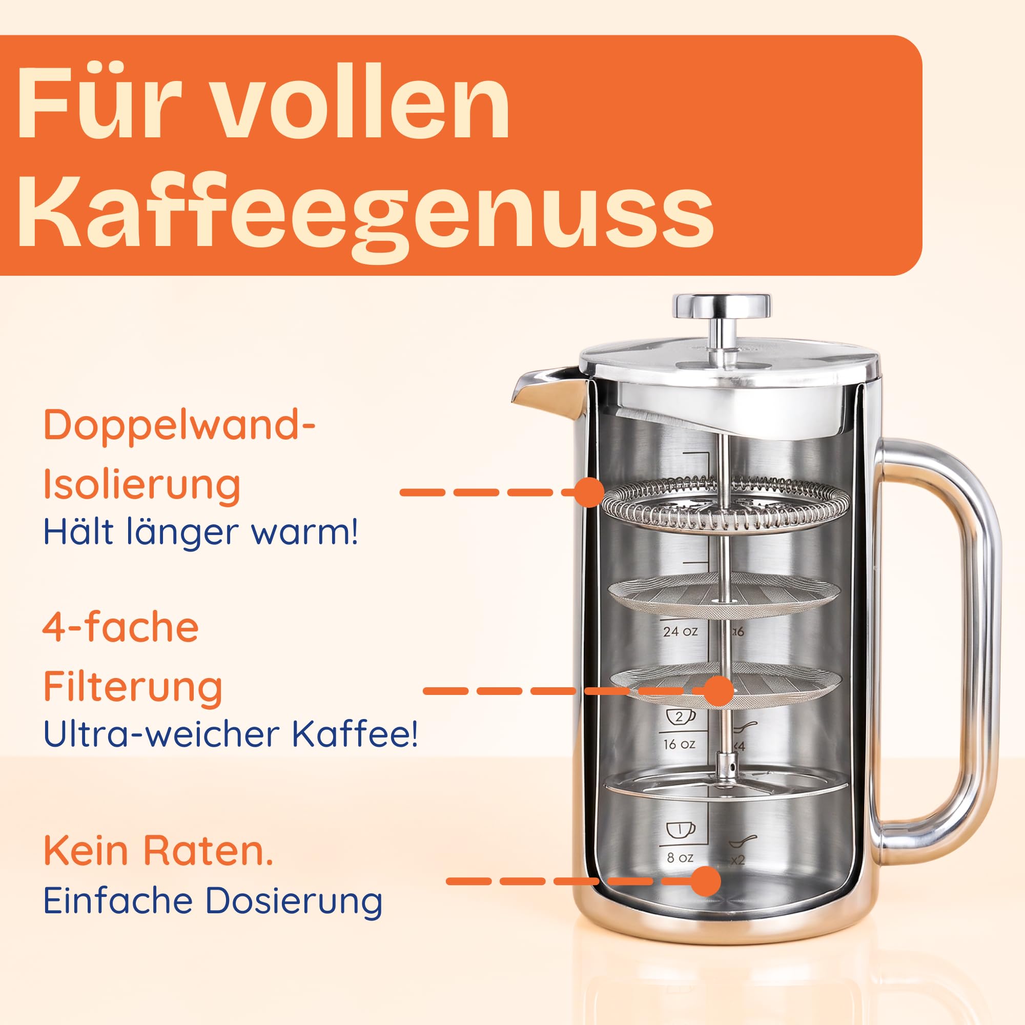 Ziruma Schadstofffrei French Press Edelstahl, Ohne Kunststoff, 1 Liter