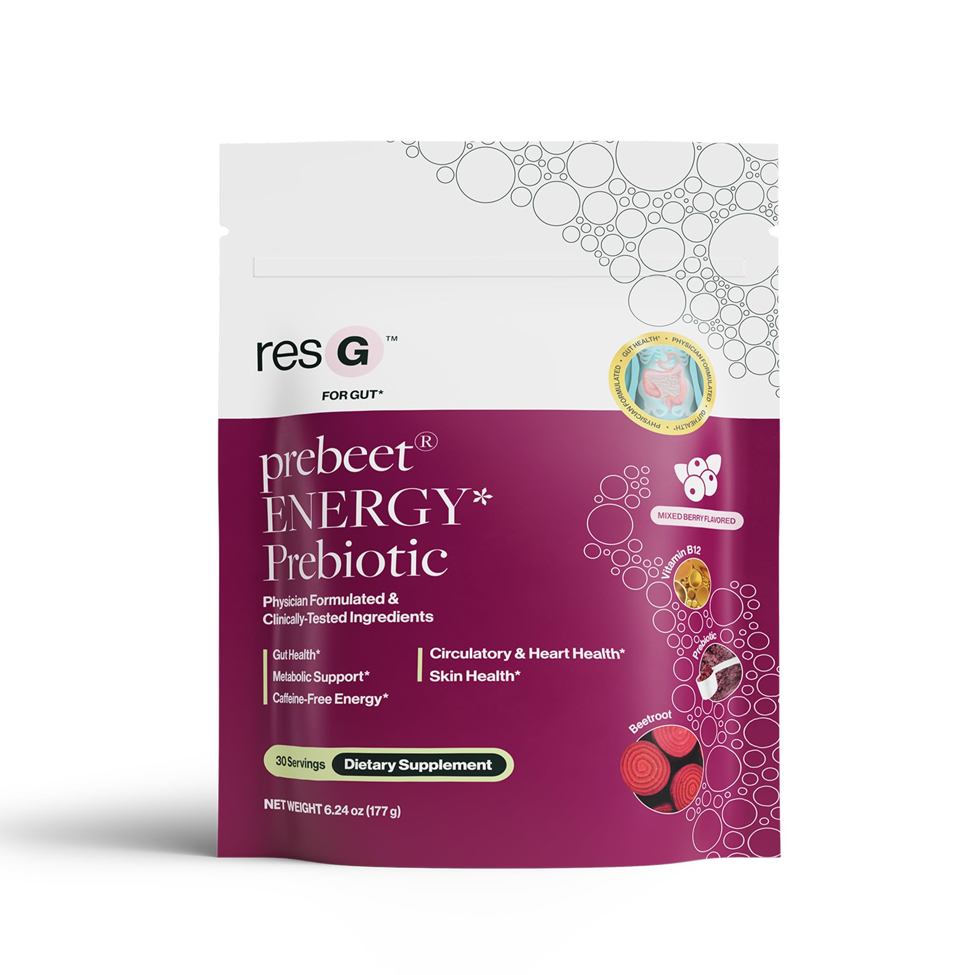 ResBiotic Prebiótico em pó com amido resistente de batata, beterraba e vitamina B12, 180 g, 30 porções