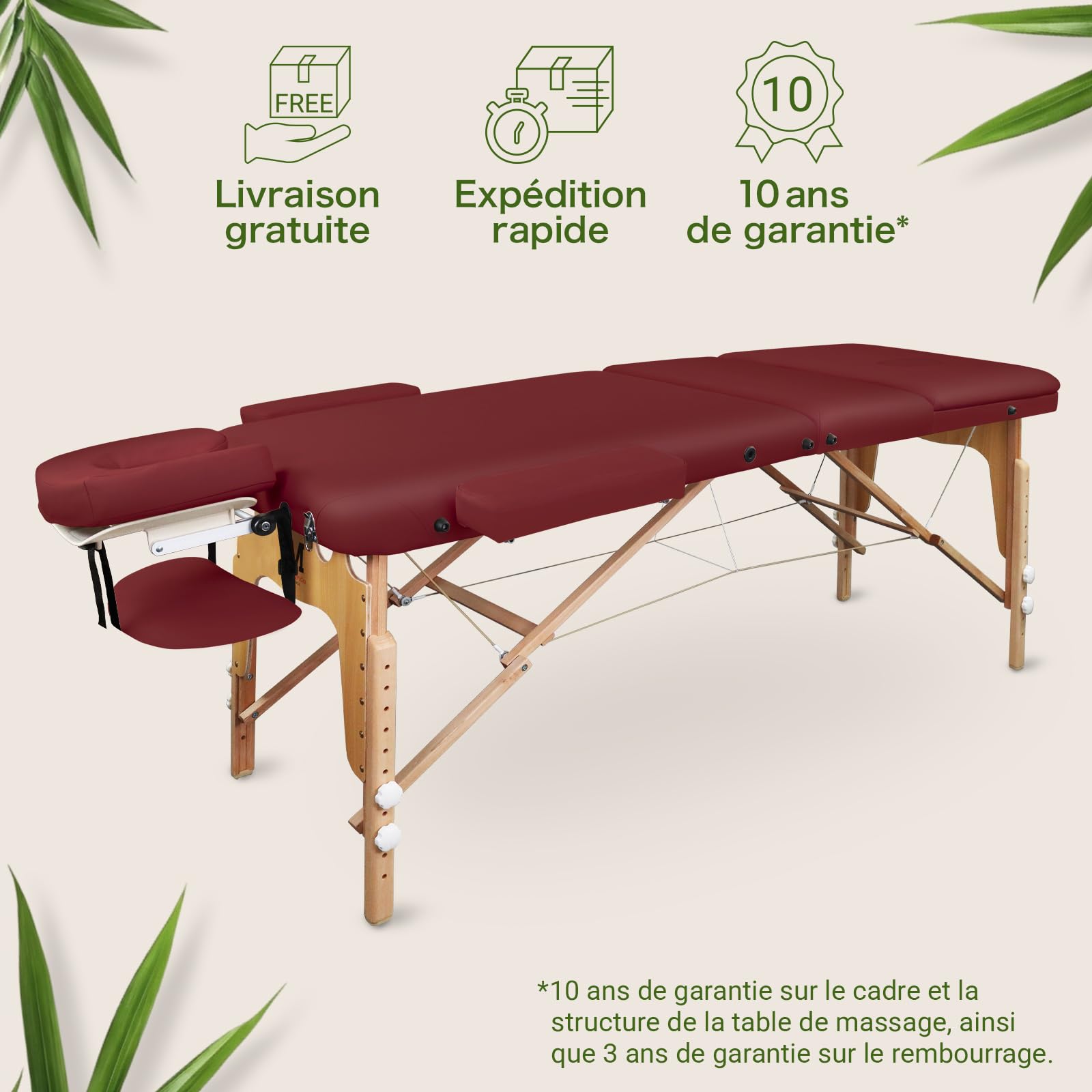 MASSUNDA All INKL Chaise de Massage Pliante et réglable en Hauteur – Table de Massage Mobile en Bois Massif avec Housse en éponge, accoudoirs et dossiers, appuie-tête Ergonomique (Bordeaux)