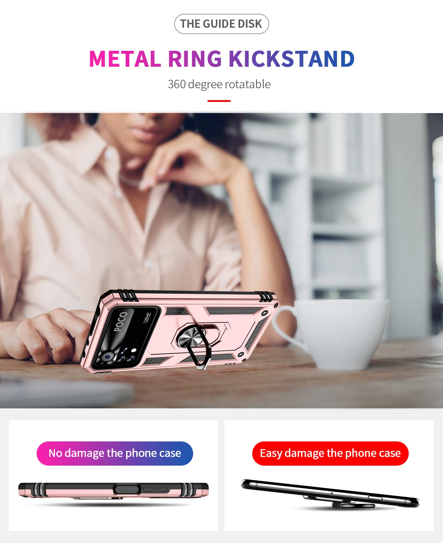 GOGME Cover per Xiaomi Poco X4 Pro 5G, custodia a 360°, antiurto anti-graffio PC posteriore + protezione interna in TPU resistente agli urti + supporto pieghevole Rosa rossa