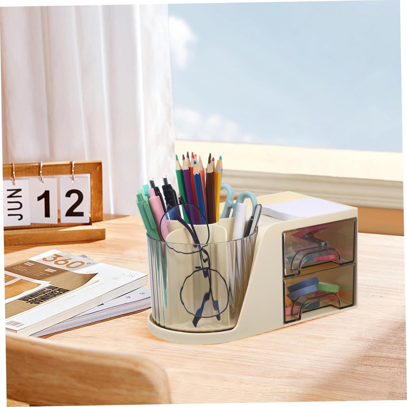 Drehbarer Schreibtisch organizer mit Geteiltem Stiftehalter und Kompakte Aufbewahrungsbox für Bürobedarf und Makeup pinsel Platzsparende Kunststoff box in Weiß