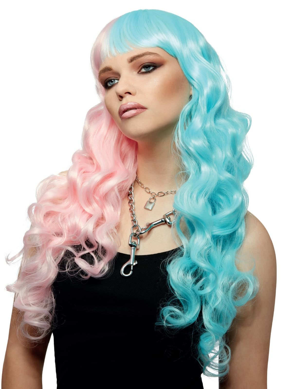 Smiffys Official Manic Panic® Cotton Candy Angel™ Siren™ Wig, Long Curled Ends Wig, Heat Styleable with Adjustable Cap, in Pink & Blue Ombre Colours. Flowing curls for a magical, eye-catching look — image 1