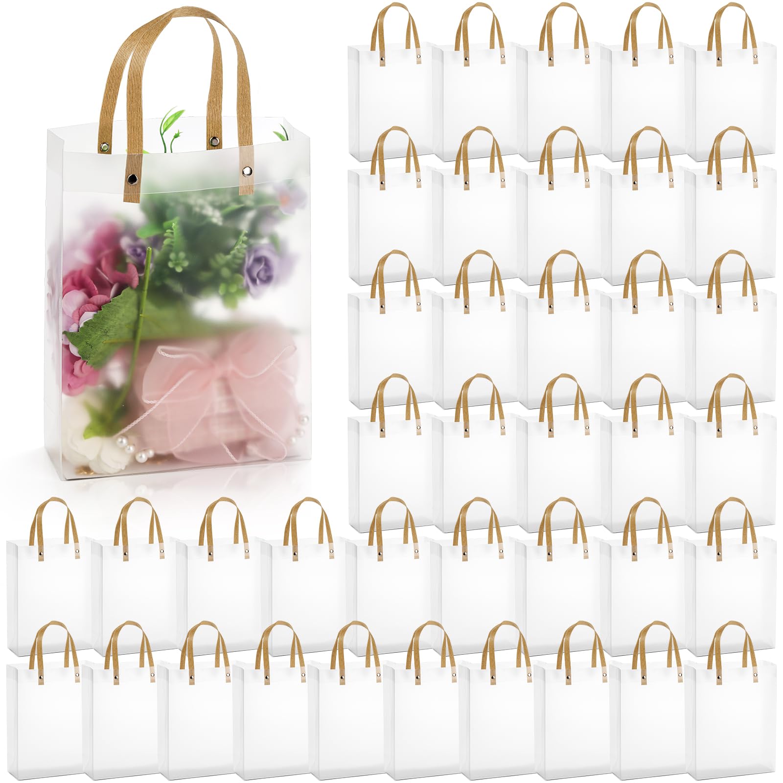 40 Pieces Clear Gift Bags with Handles, White Frosted PVC Candy Bags for Mother's Day, Reusable Translucent Wrap Tote Boutique Bags for Wedding Shopping Party 8''x3''x10'', Tear Resistant