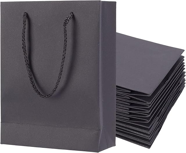 NBEADS 10 Pcs Black Kraft Paper Shopping Party Gift Bags with Nylon Cord Handles Reusable Carrier Bag for Mother's Day, Birthday, Wedding, Christmas, 20x15x6cm