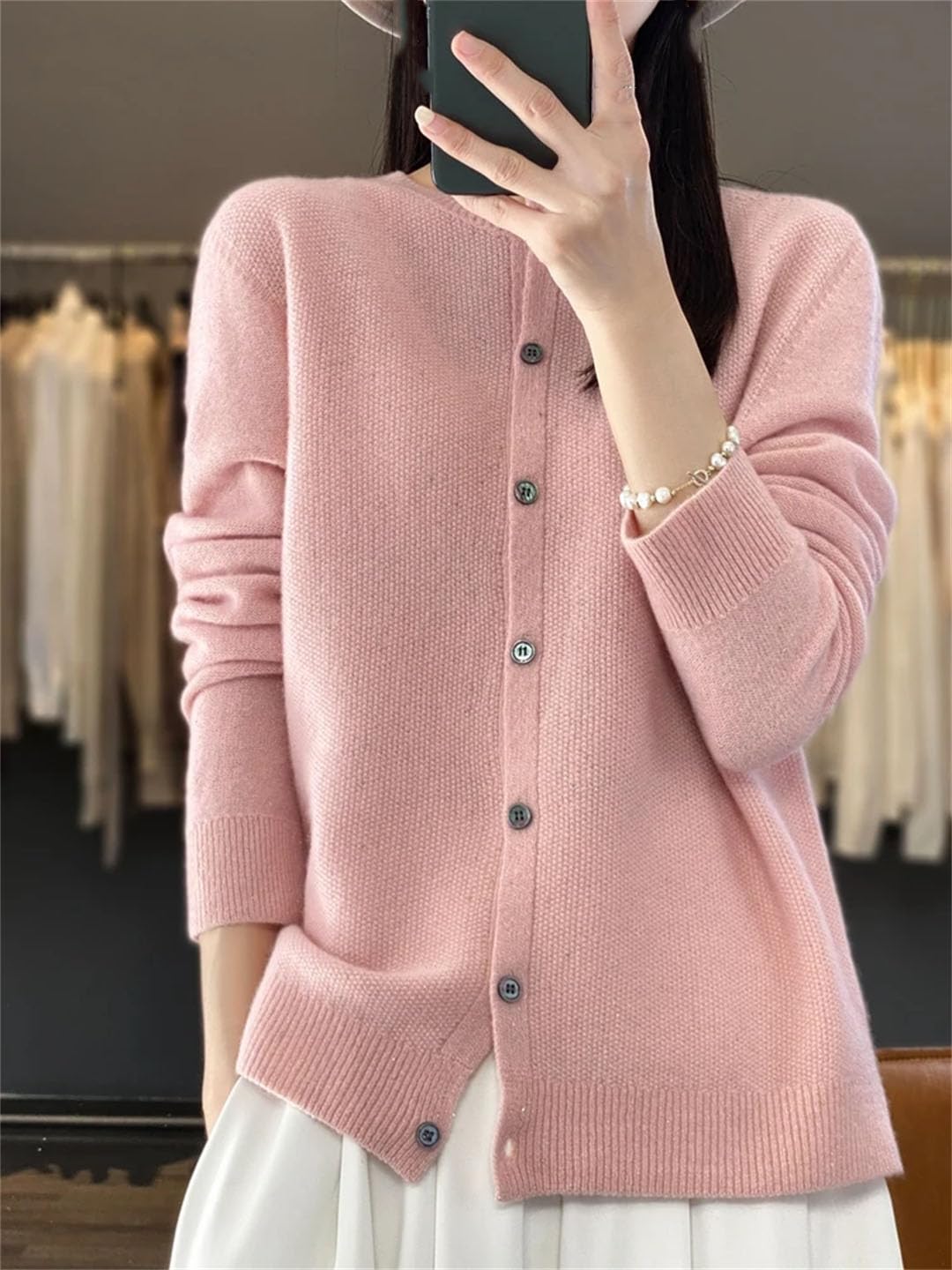 Cardigan da donna con scollo rotondo, a maniche lunghe, in lana e cashmere