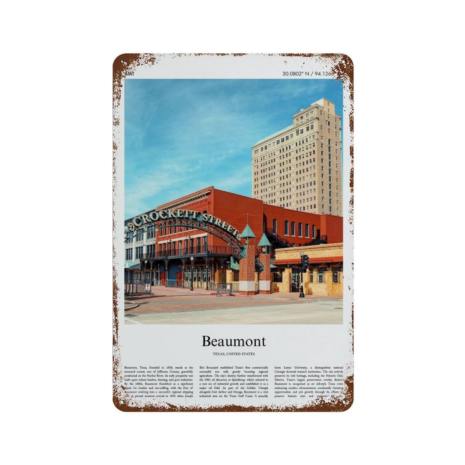 xiaoxiaoshen Beaumont Texas, United States, USA City Scenery Wall Decor Art Metal Tin Poster Modern Home Decor Art Home Bar Shop Decorations Vintage Sign 30x20cm