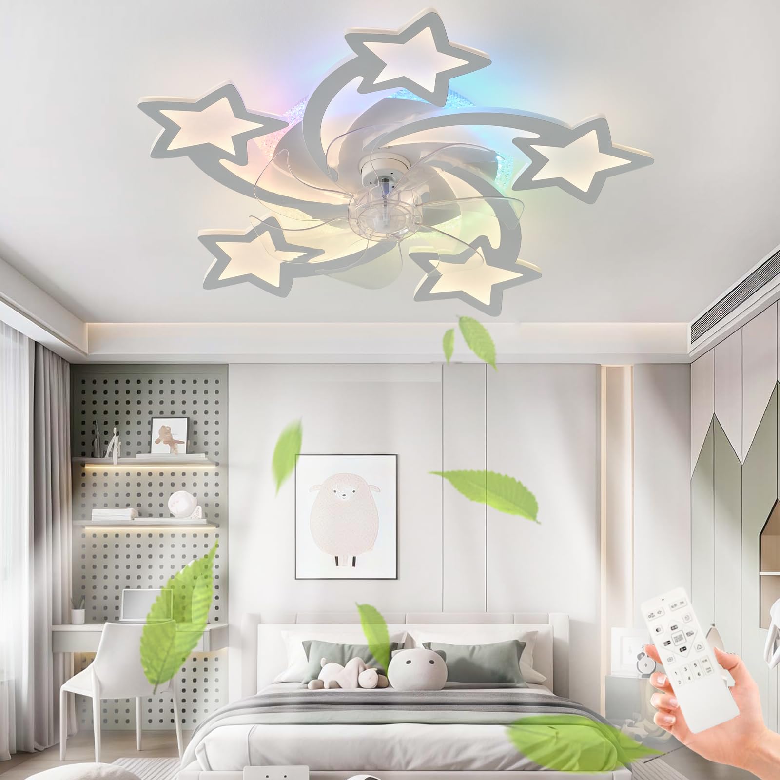 HXYSXHJUO Star Kids Ceiling Fans with Lights, RGB Modern Lamps, Room Lighting Fan Chandelier, Dimmable Light Ceiling, DC Motor, Reversible in Winter and Summer