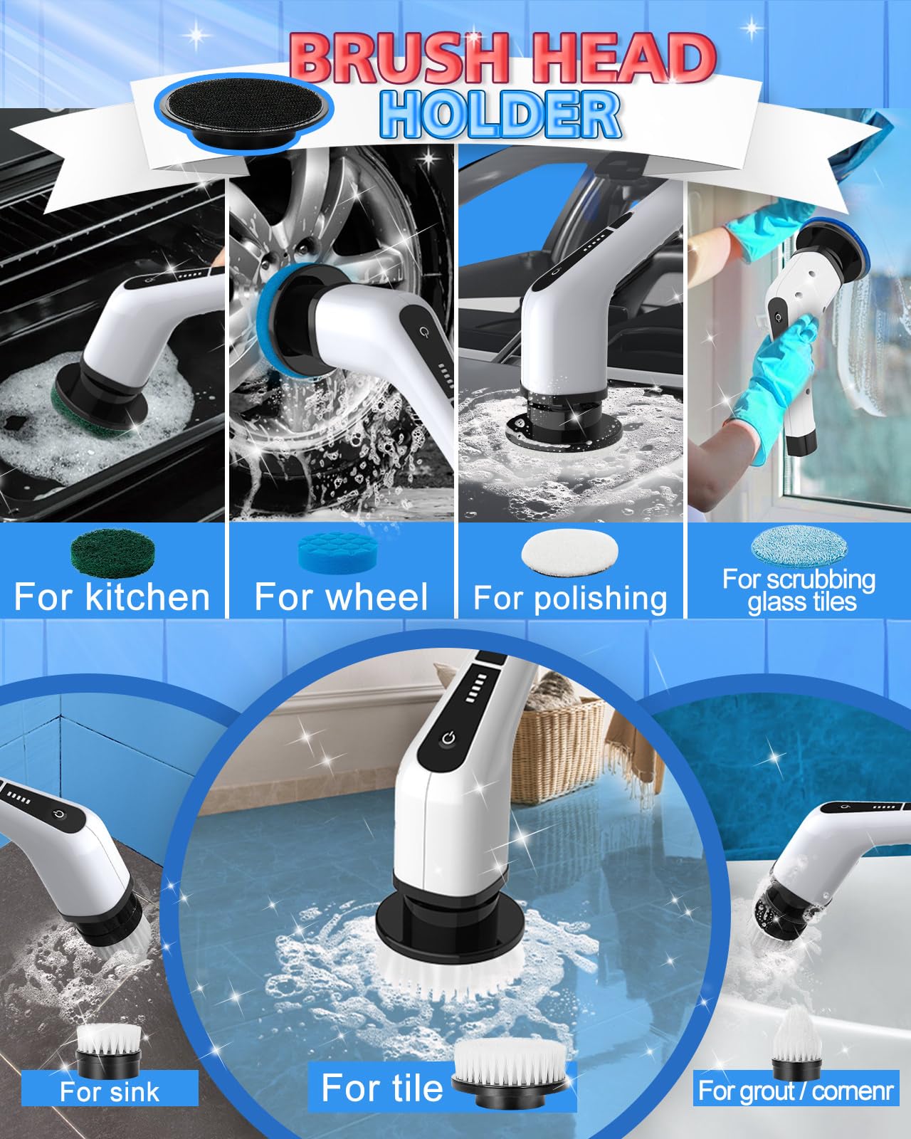 Rechargeable Cordless Electric Spin Scrubber with Long Handle & 7 Replaceable Brush Heads, IPX7 Waterproof, 2 Adjustable Speeds, Power Shower Scrubber for Bathroom, Tub, Tile, Floor, Kitchen, Window