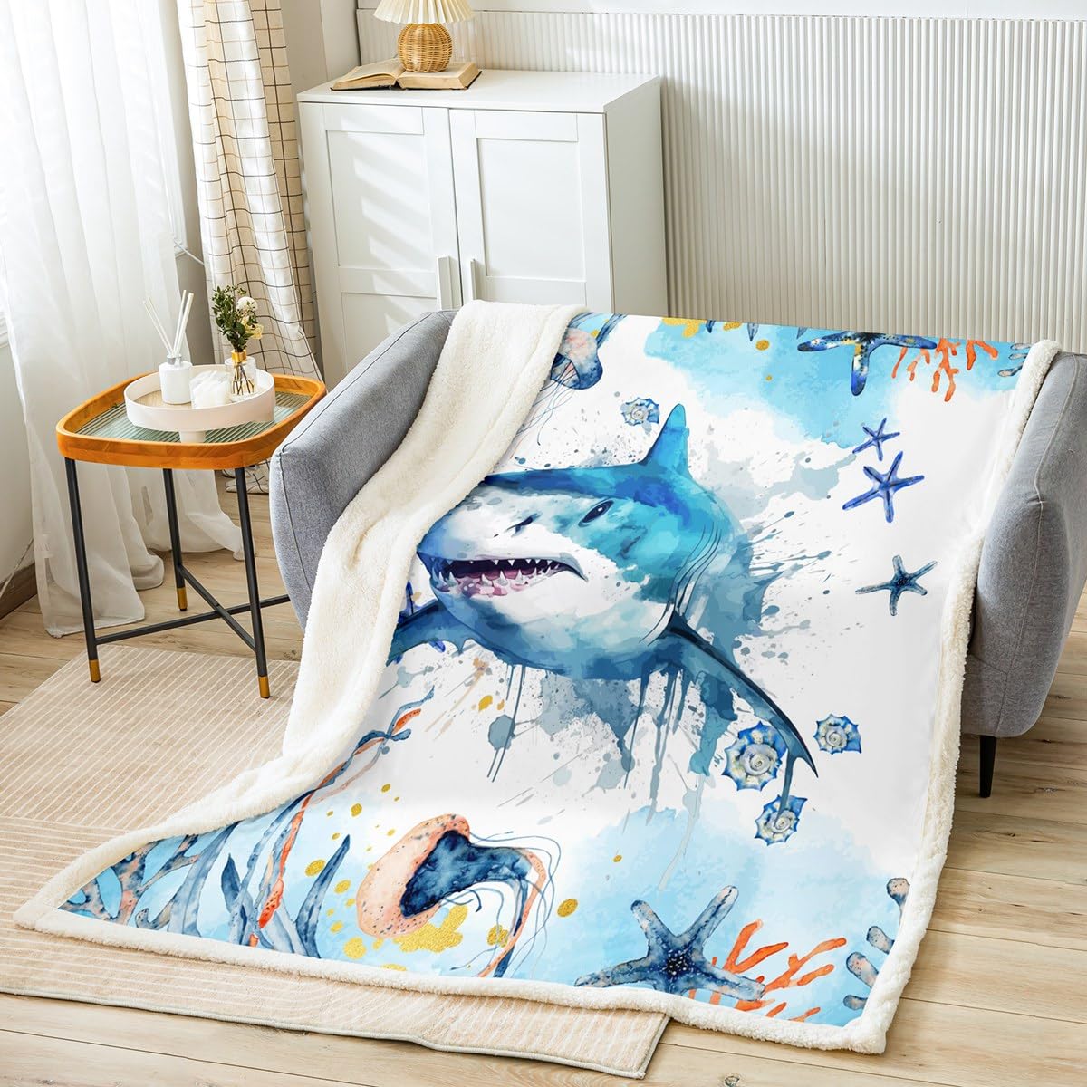 Couverture polaire requin Sherpa idée cadeau d'anniversaire thème mer