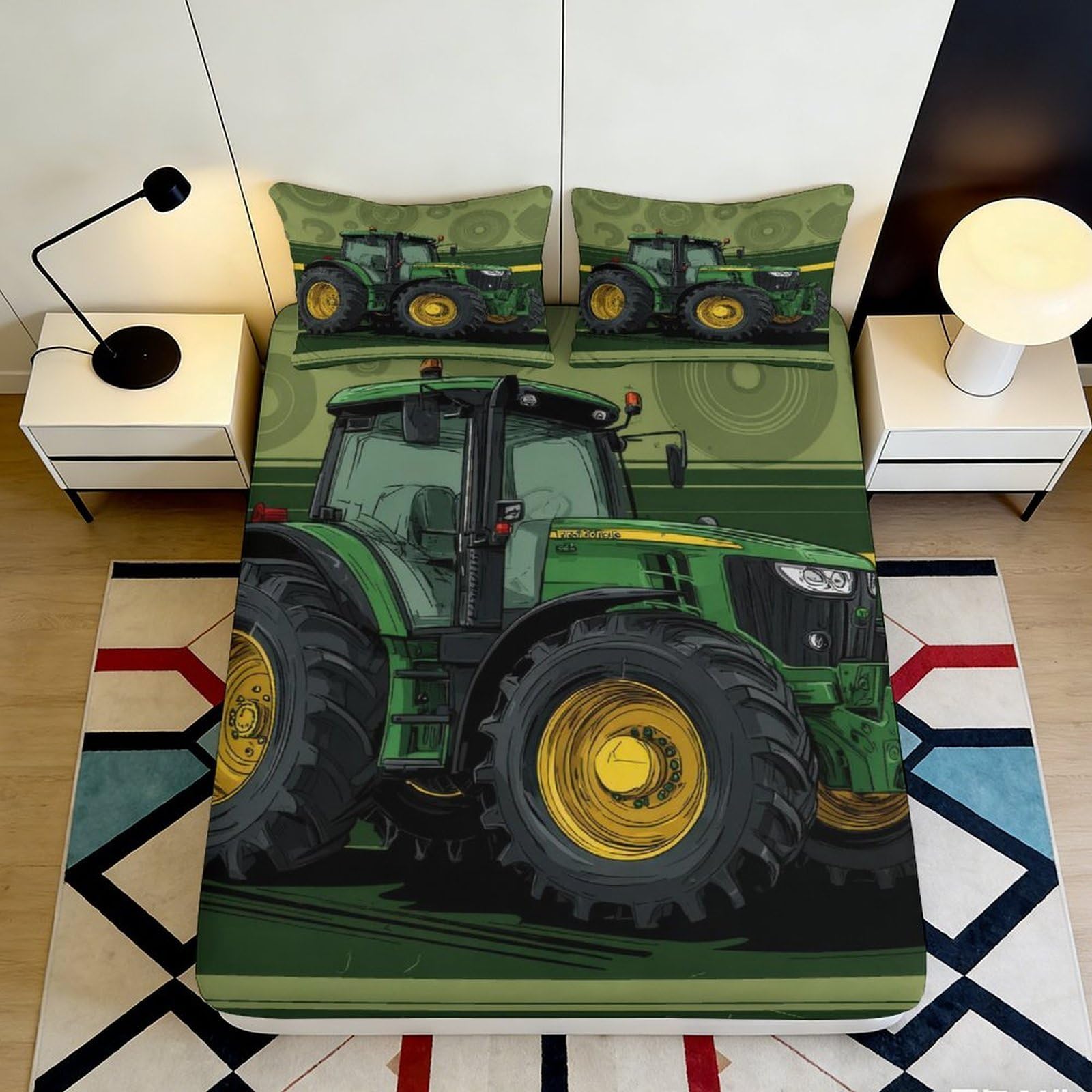 3D Printed Green Tractor Fitted Sheet Microfiber Soft Anti-Slip Farm Machinery Bed Cover for Bedroom Guest Room Decor 200x200x25cm