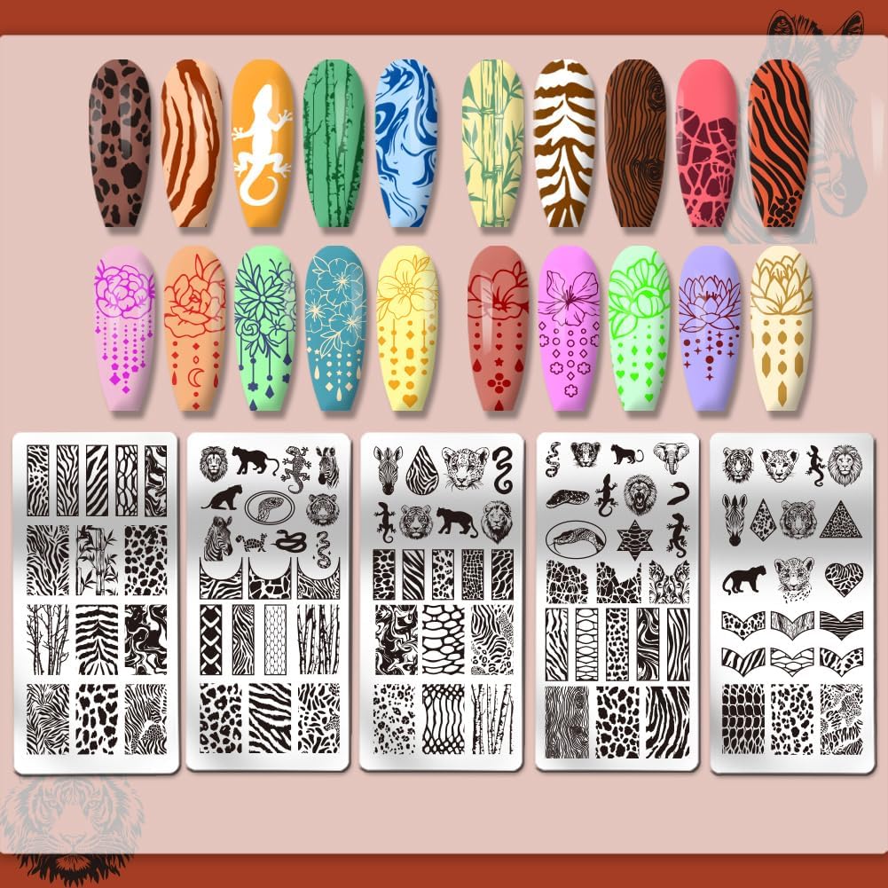 PH PandaHall 5pcs Animal Print Nail Stamping Plates, Mixed Leopard Print Nail Art Templates Tiger Lion Nail Art Stencils Stainless Steel Nail Image Plates for DIY Nail Design Print Manicure Salon