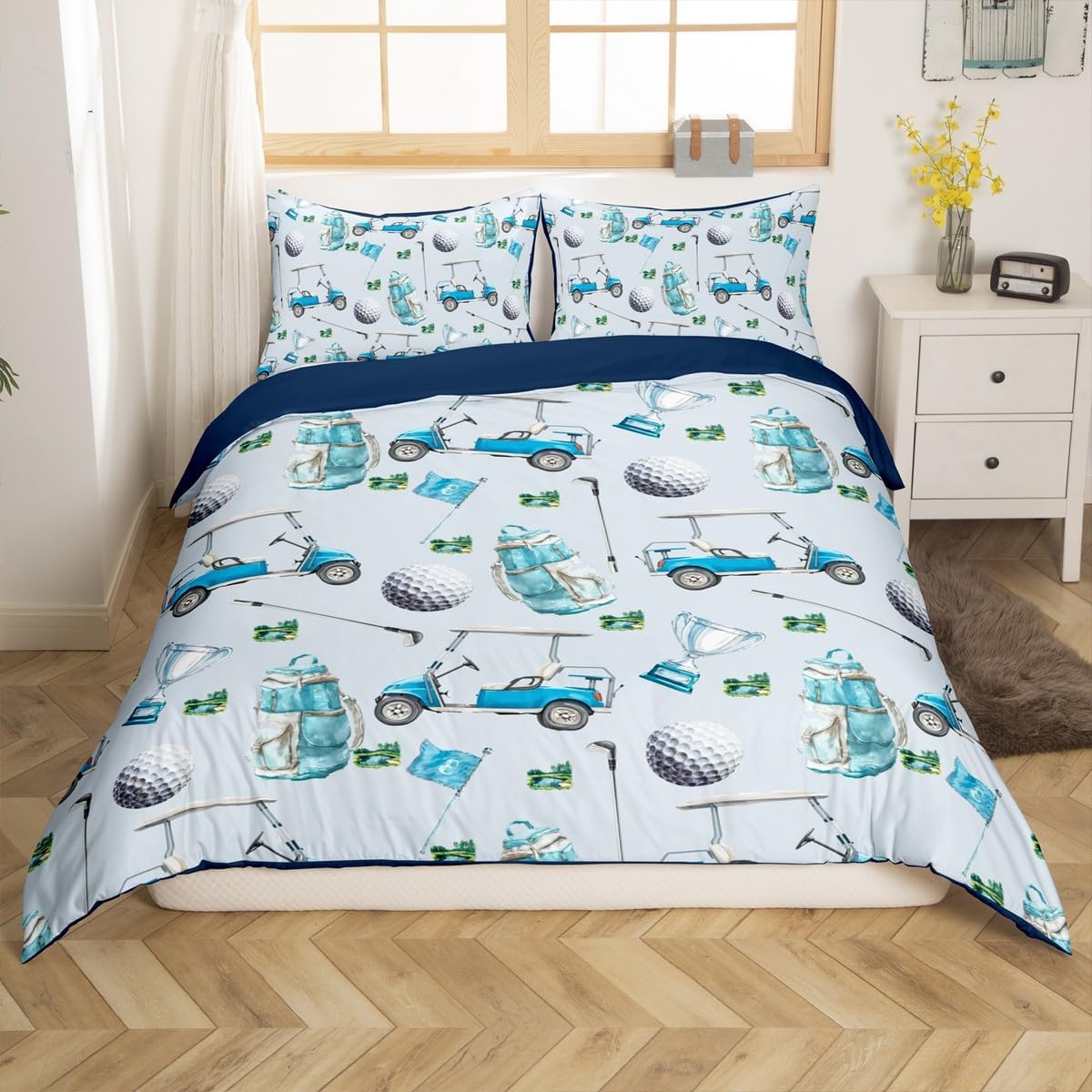 Manfei Golf Duvet Cover Set Queen Size,Golf Club Cart Backpack Bedding Set,Boys Girls Room Decor,Modern Leisure Sports Ball Games Fashion Comforter Cover,Blue Quilt Cover,2 Pillowcases(No Filler)