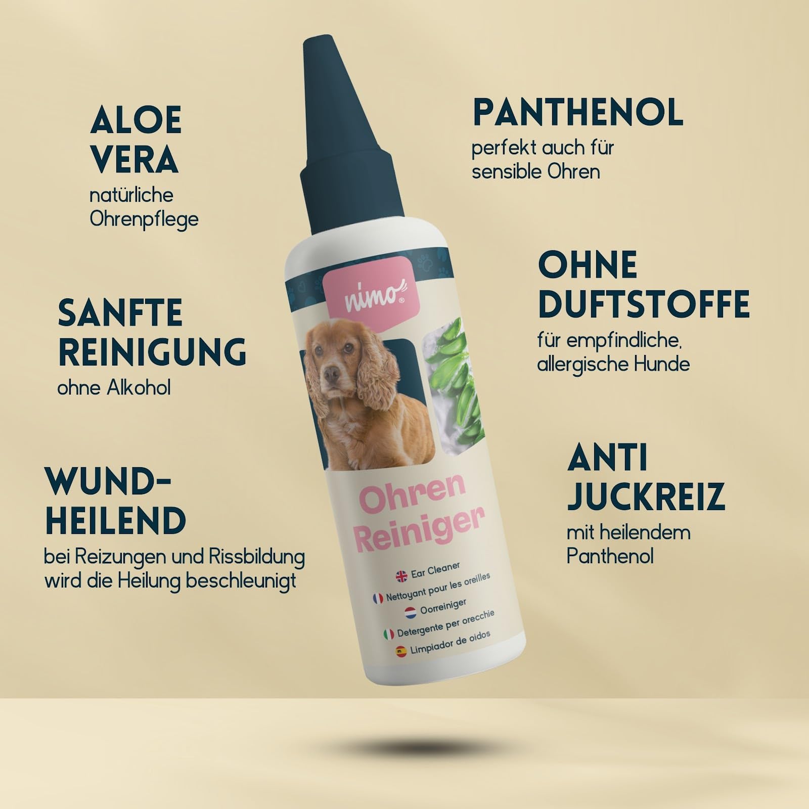 nimo Ohrenreiniger | fr Hunde, Katzen & Haustiere mit Aloe Vera &  Panthenol | schonend natrliche Reinigung gegen Juckreiz, Infektionen,  Ohrenschmalz, Entzndung & Ausfluss | minimiert Kopfschtteln : Amazon.de:  Haustier