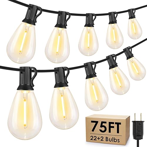 Tira de luces LED S11 de 75 pies para exteriores, luz de patio regulable, con 22+2 bombillas Edison de 2700 K impermeables, inastillables, para Negro