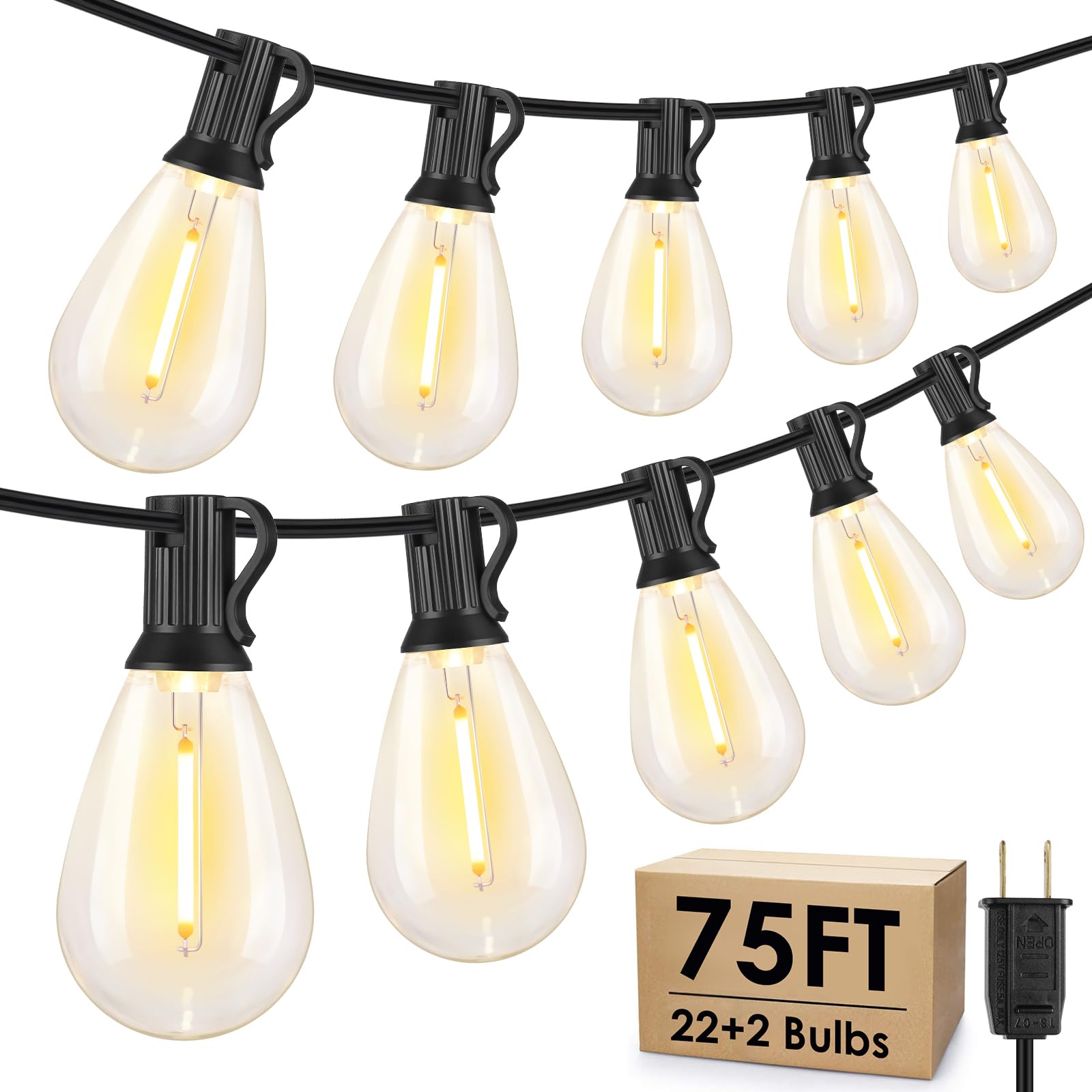 Larkvue 75FT LED Outdoor String Lights S11 Dimmable Patio Light, with 22+2 Waterproof Shatterproof Edison 2700K Bulbs for Outside Backyard Deck, Black