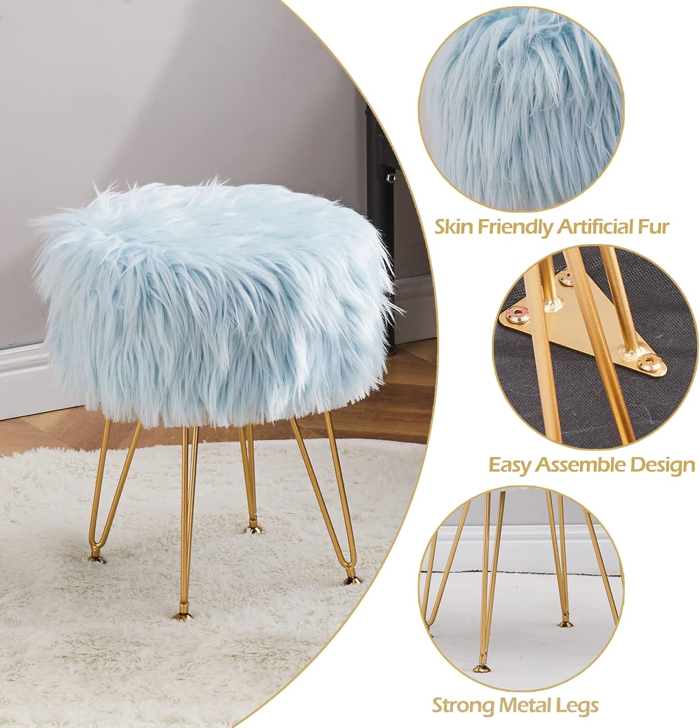 Mxfurhawa Faux Fur Storage Ottoman Round Furry Vanity Stool Marble Grain Tray Coffee Table Compact Footrest Stool with 4 Metal Legs Soft Makeup Seat Foot Stools for Living Room Bedroom Entryway Blue