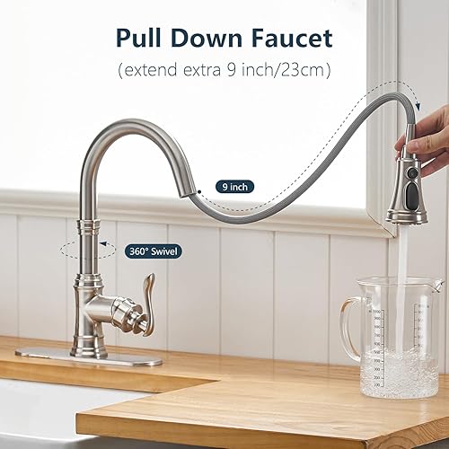 Miniatura 3 de BWE Grifo de cocina con rociador extraíble, 3 modos de pulverización, níquel cepillado, manija única, palanca simple, grifo de fregadero de cocina