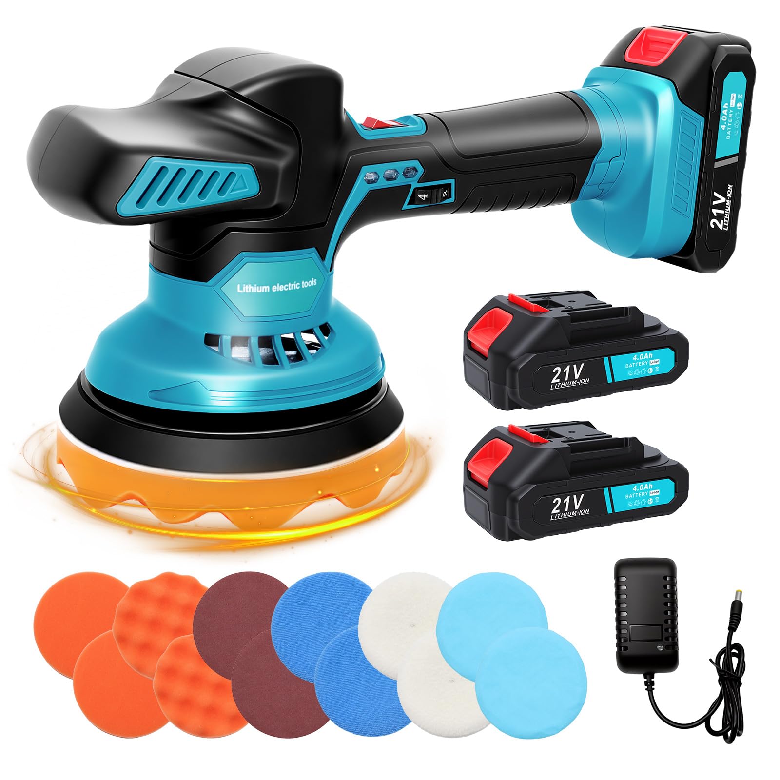 Pulidora con batería de 21 V, con 2 baterías de 2000 mAh, pulidora excéntrica con motor de alto rendimiento, minimáquina pulidora de 6 velocidades, incluye 12 almohadillas de accesorios para el