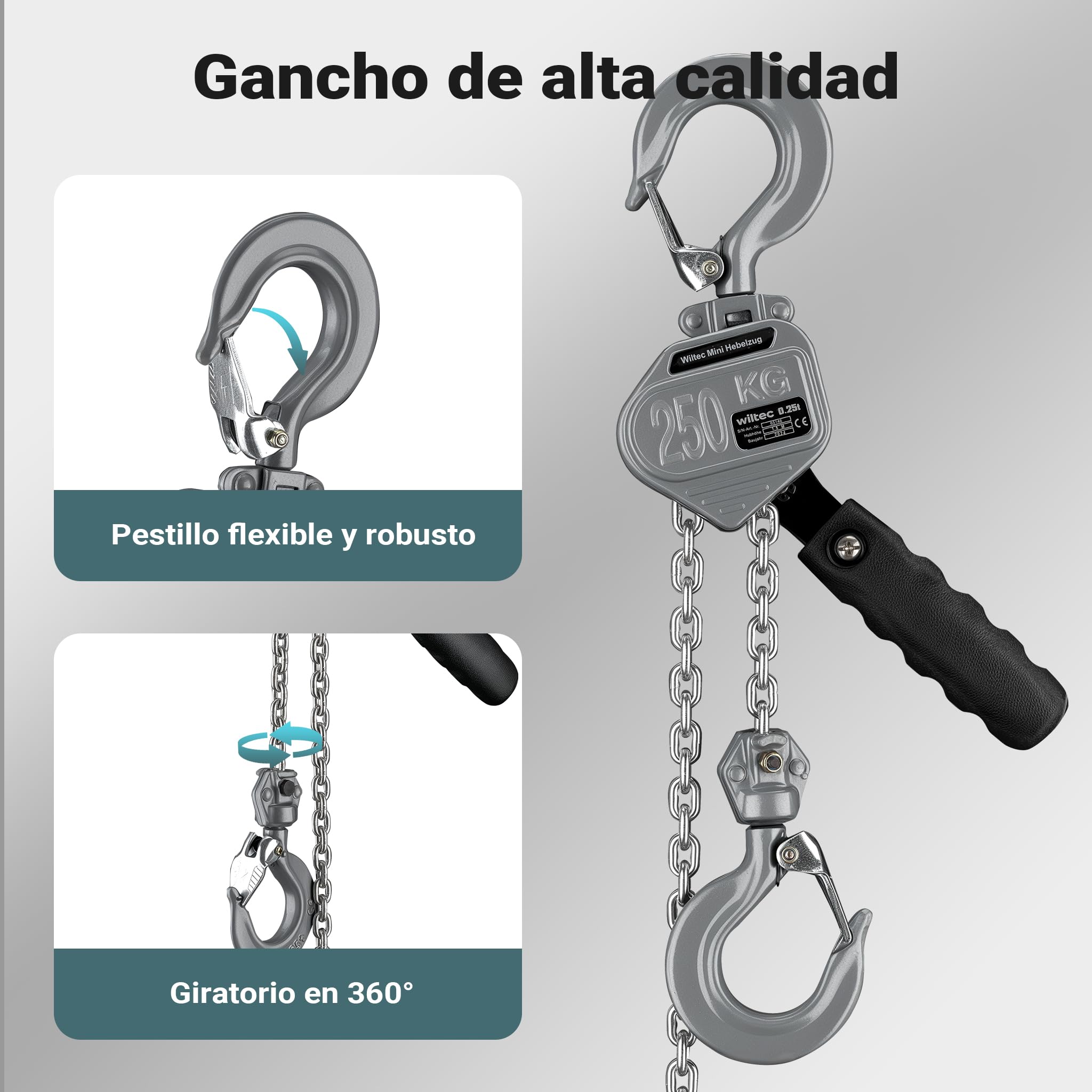Wiltec Mini polipasto de palanca 250 kg con cadena G100 y carcasa de aluminio cabrestante manual de 1,5 m de elevación sistema de freno y engranaje reductor para mayor seguridad y facilidad de uso