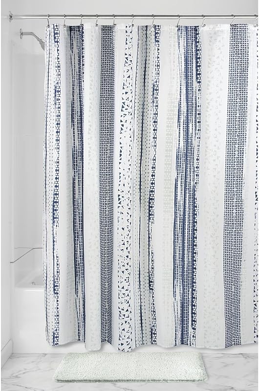 Cortina de ducha de tela con rayas geométricas, forro de baño repelente al agua para niños, invitados, dormitorio universitario, baño principal, 72" x 72", rayas azul marino y pizarra