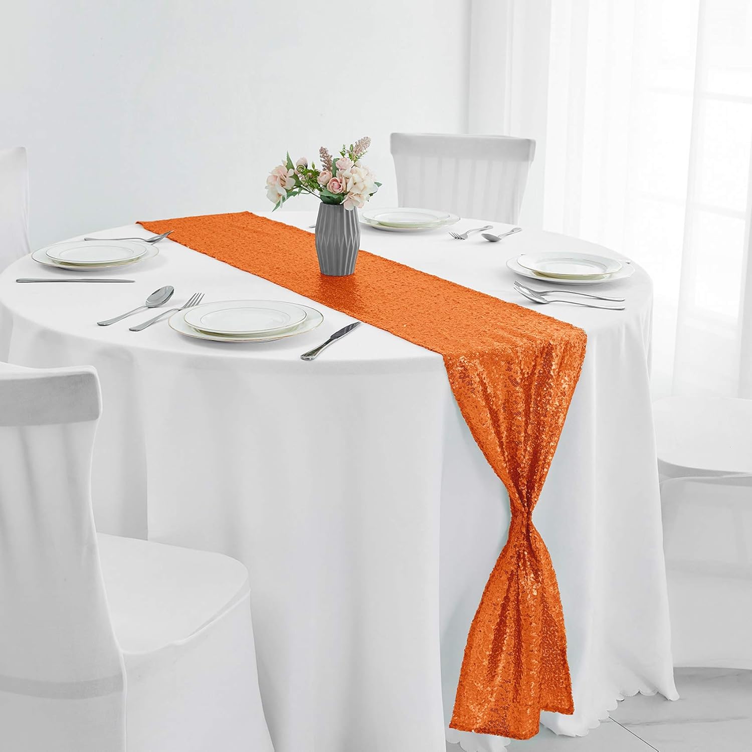 6 Packs 12 x 72 inches Orange Sequin Table Runner, Glitter Runner for Birthday Party Supplies Decorations Wedding Bachelorette Holiday Celebration Bridal Shower Baby Shower