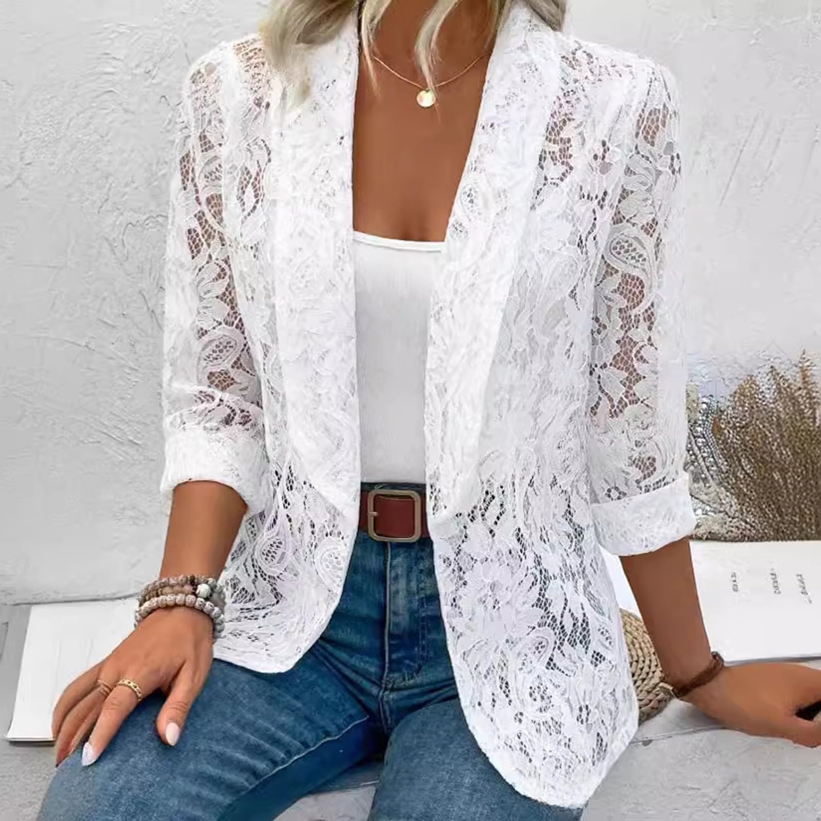 Cardigan Femme Dentelle Transparente Tops en Dentelle Maille Vestes Blanc Femmes Chic et élégant Hauts Manches Longues Top Y2K Transparent Sexy Slim T-Shirt Party Club Soirée Couleur Unie